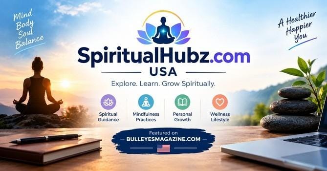 SpiritualHubz.com USA spiritual wellness and meditation banner featured on BulleyesMagazine.com.