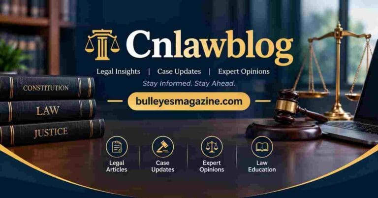 Cnlawblog legal blog banner featuring law books, a judge's gavel, and justice scales with bulleyesmagazine.com branding